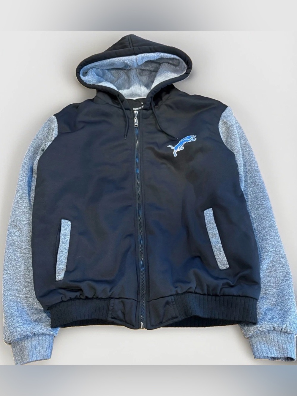 Detroit Lions Football Sherpa Lined Hooded Full Zip Jacket Size Large Gray Black